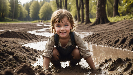 Happy child playing outside in the mud with a hooded jacket in rainy day