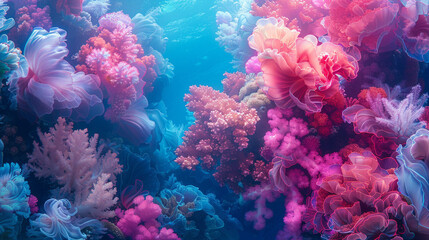 Fototapeta na wymiar Drones eye view of a vibrant coral reef merging Renaissance artistry with futuristic cybersecurity shields A visual symphony of nature and tech. Generative ai.