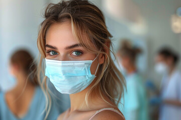Coronavirus, Epidemic Outbreak. A woman, a girl with a mask on her face holds an injection. Test yourself, stay home, and save lives. - obrazy, fototapety, plakaty