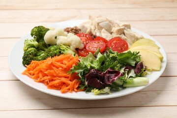 Balanced diet and healthy foods. Plate with different delicious products on light wooden table