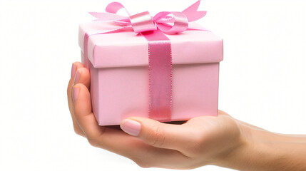 Hand holding pink gift box used for New Year's Eve