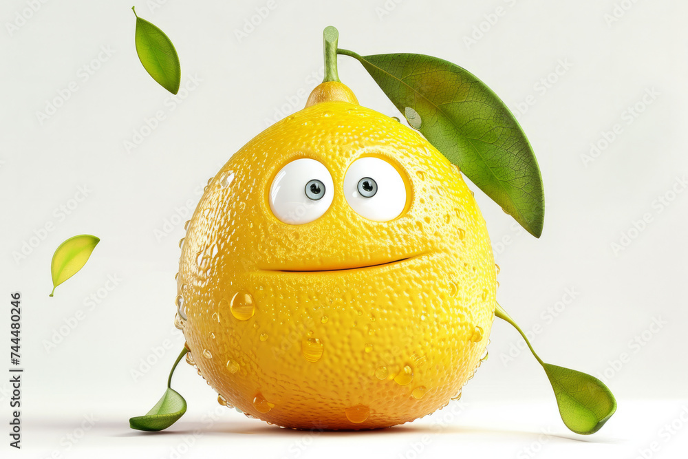 Poster vibrant lemon cartoon character in intricate 3d detail against a white backdrop. perfect for conveyi