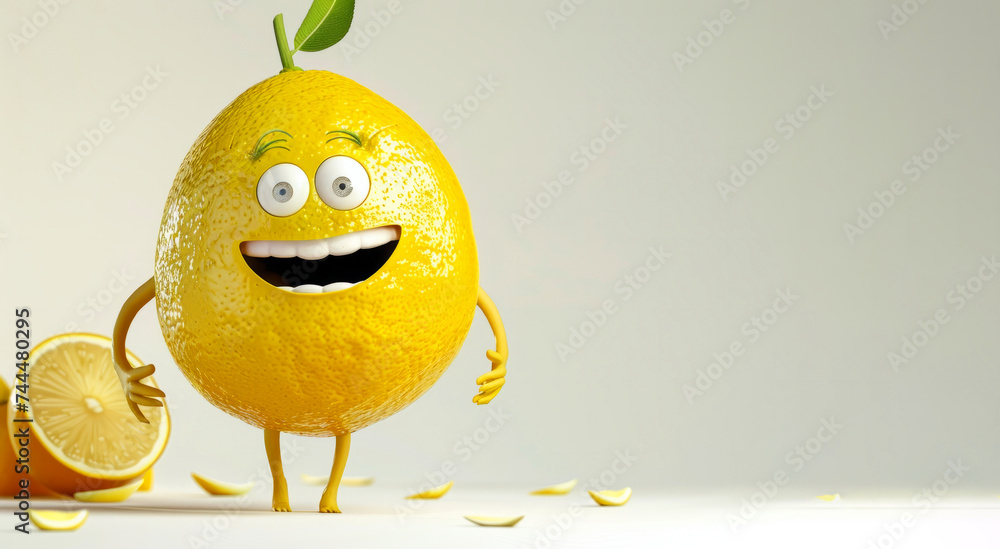 Poster vibrant lemon cartoon character in intricate 3d detail against a white backdrop. perfect for conveyi
