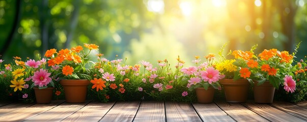 Gardening background with flowerpots in sunny spring or summer garden, festive mood, Easter concept 