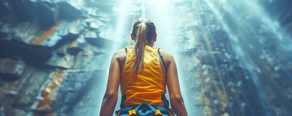 Girl in Safety Harness Climbing an Indoor Rock Wall. Adventure and Confidence in Sports