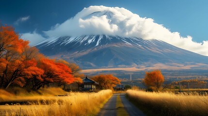 Winter view of Mount Fuji, a majestic volcano surrounded by snow-capped peaks, under a cloudy sky