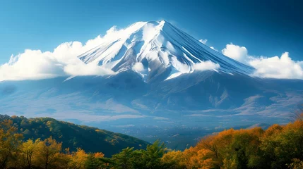 Foto op Canvas Winter view of Mount Fuji, a majestic volcano surrounded by snow-capped peaks, under a cloudy sky © apirom