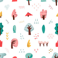 Seamless pattern, trees, bushes, plants, nature. Vector illustration in flat style.