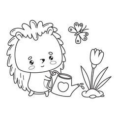 Cute hedgehog gardener with butterfly and garden watering can waters flower. Vector illustration. Animal outline kawaii character. Line drawing, coloring book. Kids collection.