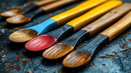 Fototapeta premium Wooden Cutlery with Colorful Handles and Natural Look