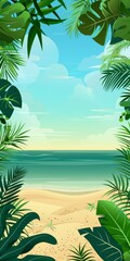 Fototapeta na wymiar Frame with Tropical Plants on a Beach Scene in the Style of Retro Poster Landscape Background created with Generative AI Technology
