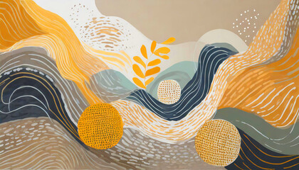 vector collection of abstract wall arts. Earth tones hand-drawn, wave-themed, organic shape artwork