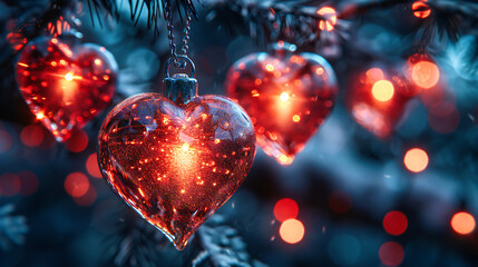 Christmas Tree Decoration, Heart-Shaped Ornament on Snowy Branch, Festive Holiday Background with Bright Lights, December Celebration
