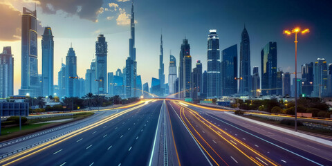 highway in middle east with skyscrapers, empty road on city background