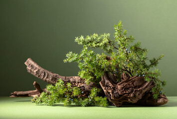 Abstract nature scene with a composition of juniper branches and dry snags.