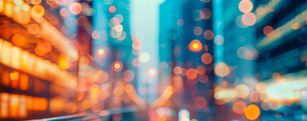 Abstract night lights, view of a modern futuristic cityscape. Defocused image of an urban street between tall buildings, towers, skyscrapers with glowing windows. Wide scale image. - obrazy, fototapety, plakaty