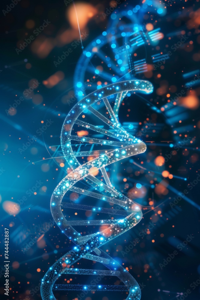 Poster a detailed 3d rendering of a dna molecule against a black background. the molecule is depicted in a 