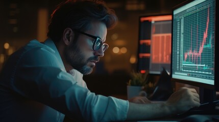 Successful and concentrated trader in formalwear looking at monitor, analyzing global bitcoin price on network diagram, working in office