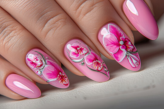 Manicure nail paint pink color.Flowers orchid
