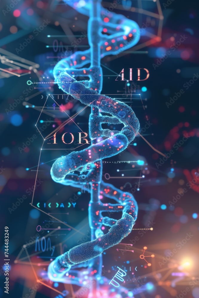 Poster a detailed 3d rendering of a dna molecule against a black background. the molecule is depicted in a 