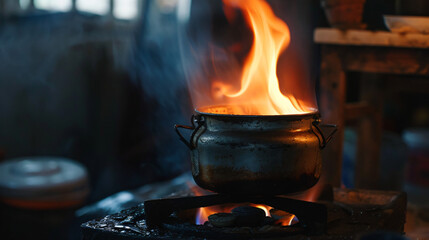 Heating a pot with a gas stove - obrazy, fototapety, plakaty