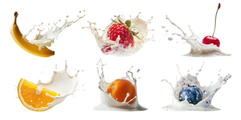 Set of fruit milk splash isolated on transparent background.