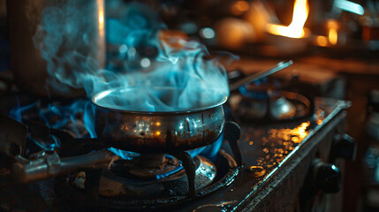 Heating a pot with a gas stove - obrazy, fototapety, plakaty