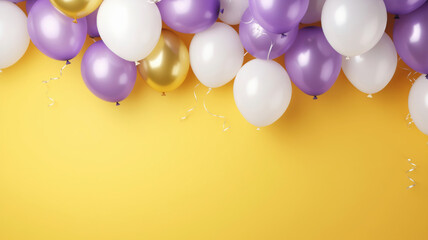 Yellow, white air balloons on a yellow studio background with copy space.