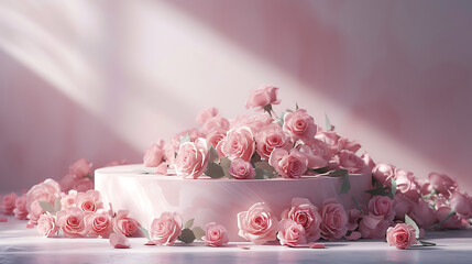 A 3D podium with a bed of roses, perfect for showcasing beauty products or conveying a romantic and elegant atmosphere.