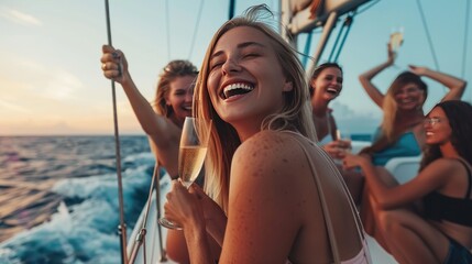Happy  friends talking in summer day on a yacht