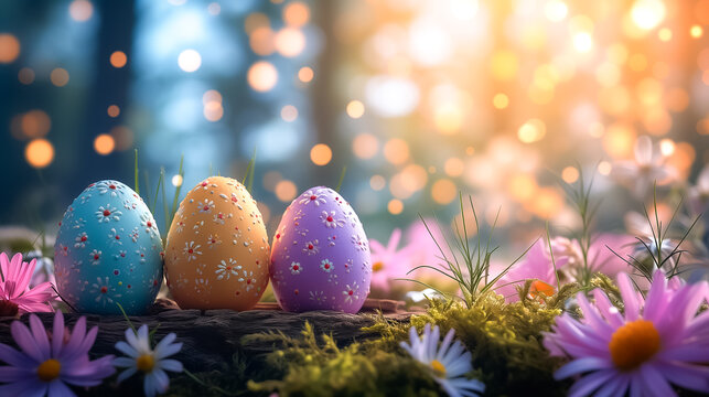 pastel colors Easter eggs on wood with flowers on blurred trees background. free space. Easter card