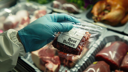 Food safety inspector checking a Best Before meat product at supermarket poster.