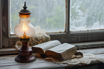 Oil lamp and open Bible shot at a single flame light