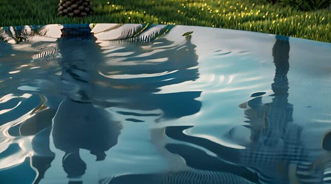The swimming pool water reflects the palm trees, an amazing natural landscape