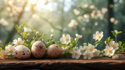 Foto op Aluminium pastel colors Easter eggs on wood with flowers on blurred trees background. free space. Easter card © zamuruev