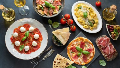 entire Italian supper table set with silverware Pizza, carpaccio, ravioli, and pasta. tomato - obrazy, fototapety, plakaty