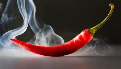 Fotobehang Red hot chili pepper on a white background with smoke. © hdphotoai