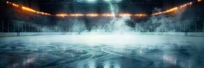 a hockey ice rink has smoke and lights on the surface, empty field stadium Hockey