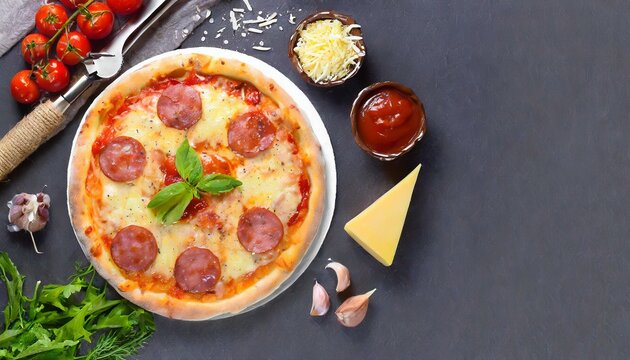 Pizza with cheese, tomato sauce, and sausage Concept for the menu, food history, and nutrition. top view