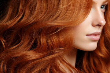 A close-up side view captures the beauty of a woman with vibrant orange-red hair, showcasing her confident smile - obrazy, fototapety, plakaty