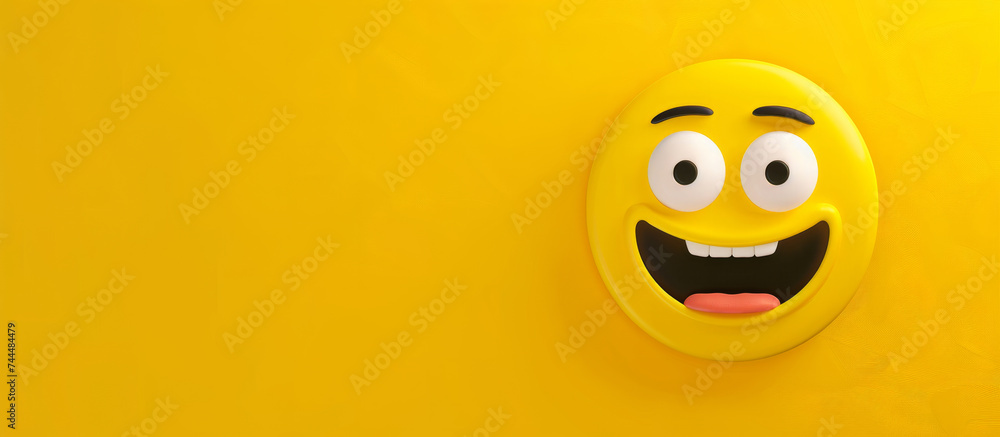 Poster cheerful emoji expression with happy eyes and a wide grin on a vibrant yellow background. 3d renderi