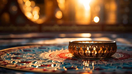 Foto op Plexiglas background with intricate geometric patterns and a prayer rug for Ramadan © Raffaza