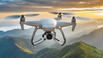 nature background with an isolated aerial drone. Front side top view of a quadcopter equipped with a digital camera 2 - obrazy, fototapety, plakaty