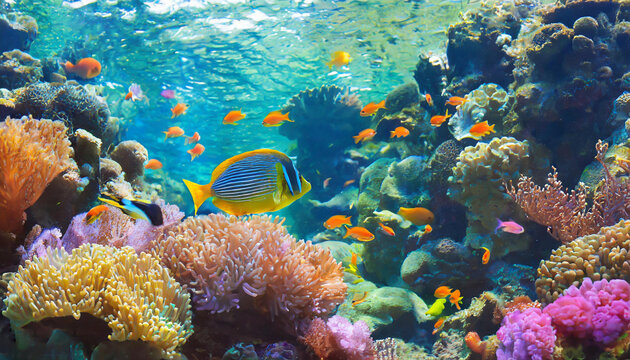 Underwater fish on coral reefs in the tropical sea. Oceanarium Aquarium Marine Life Vibrant Color