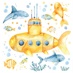 Watercolor cute childish illustration of a yellow submarine 