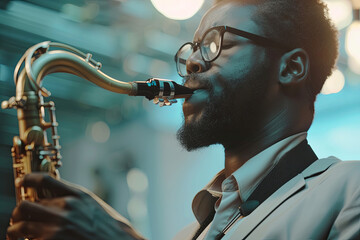 African American handsome jazz musician playing the saxophone