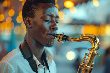African American handsome jazz musician playing the saxophone - obrazy, fototapety, plakaty