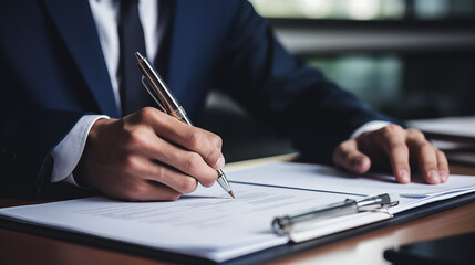 Businessman use elegant pen to signing contract in modern office. The entrepreneur employs a pen to create a notation on the booking schedule. - obrazy, fototapety, plakaty