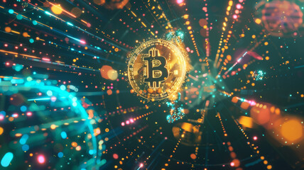 Golden Bitcoin Symbol Surrounded by Dynamic Lights