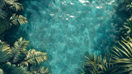 Obraz na płótnie Canvas Untouched Tropical Scene with Leaves in the Style of Vintage Poster Design - Turquoise 3D Seascape cracked Bird Eye View Background created with Generative AI Technology
